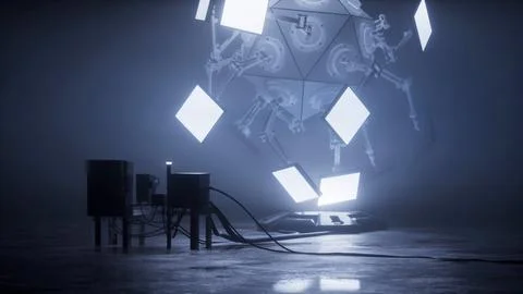 Close view of a mechanical sphere with lit panels and equipment Stock Illustration