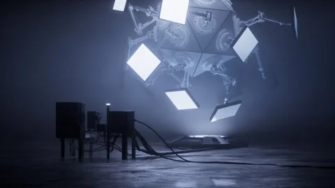 Close view of a mechanical sphere with robotic arms and lit panels Stock Footage 346781863
