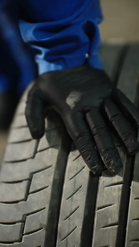 Close-up view of a mechanics black nitrile glove pressing and examining a car Stock Footage 334180390