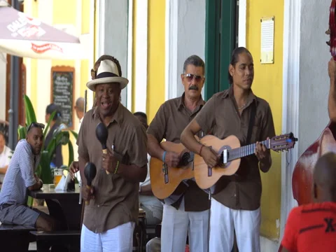 Close-up view men musicians dressed in white trousers and brown shirt sing, play Stock Footage 69559093