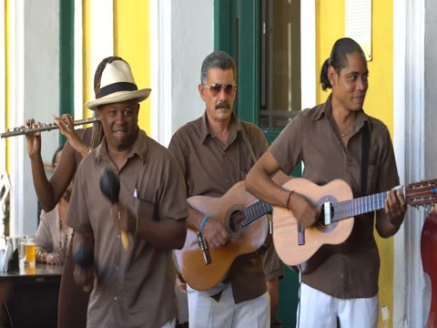 Close-up view men musicians dressed in trousers, hat and brown shirt play Stock-Footage 69759906