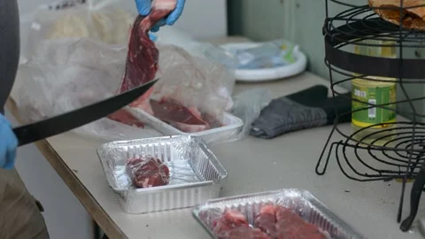 Close up view on men's hands preparing meat for BBQ.  Vídeos de archivo 242242260