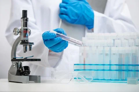 Close-up view of microbiologist in protective blue gloves holds tubes on labo Stock Photos