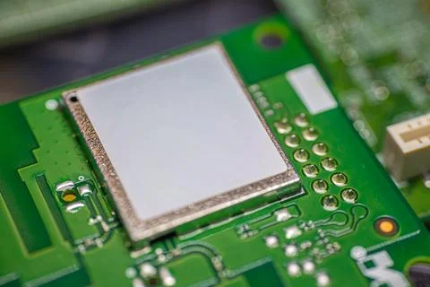 Close-up view of a microchip mounted on a green printed circuit board with .. Stock Photos