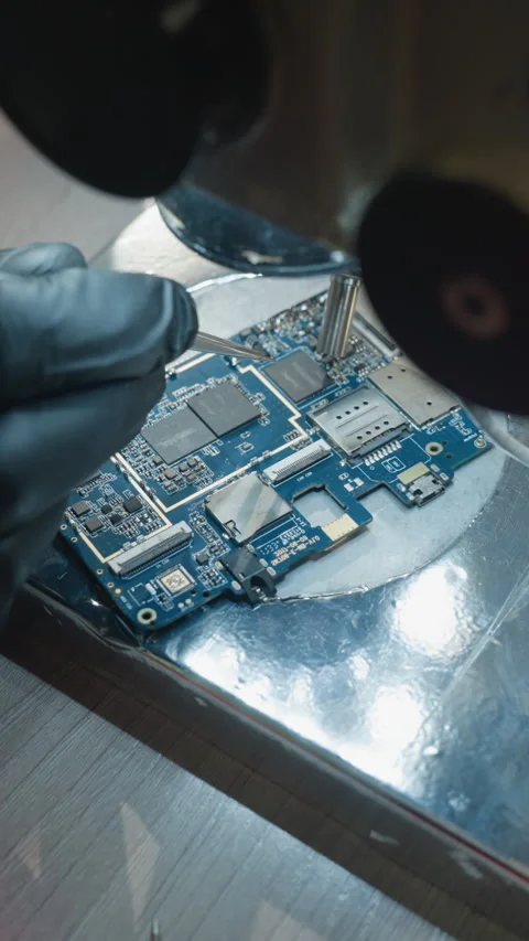 Close-Up View of Microscope Examining Circuit Board in Lab Video stock 310490851