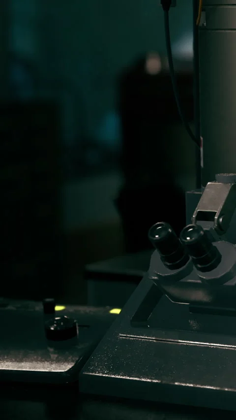 Close view of a microscope on a laboratory bench during a research session Stock Footage 337956685