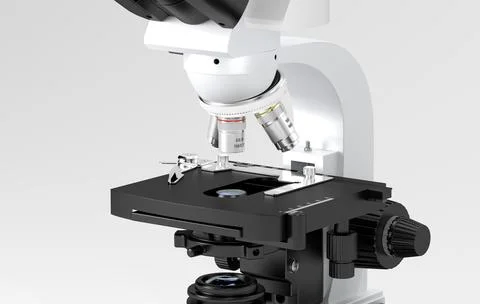 Close view of a microscope showing the stage and objective lenses in a lab Stock Illustration