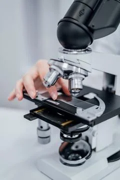 A close-up view of a microscopes slide stage being carefully adjusted by a .. Stock Photos