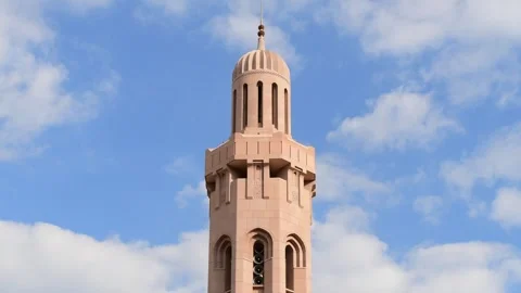 Close up view of  Minaret of the Sultan Qaboos Grand Mosque. Muscat, Oman Stock Footage 311041387