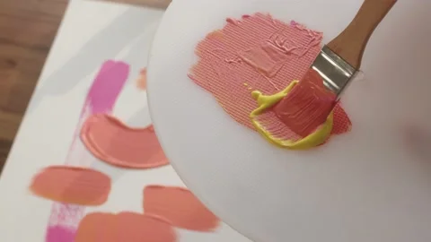 Close up view of mix kneading paint on palette with wide brush. artist prepares Video stock 227603327
