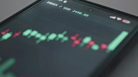 Close up view of mobile phone showing real time financial stock chart and Stock Footage 341569669