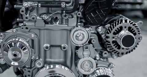 Close up view of Modern automotive engine exterior details in monochrome, s.. Stock Footage 313779072