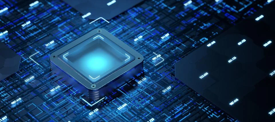 Close-up view of a modern GPU card with circuit and colorful lights and det.. Stock Illustration