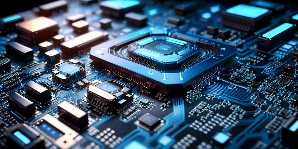 Close-up view of a modern GPU card with circuit and connections 3D rendering Stock Illustration