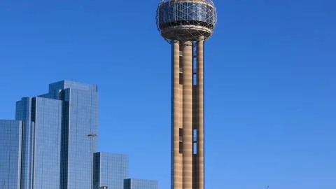Close up view of modern Reunion tower landmark against blue sky in Dallas, .. Stock Footage 323427961