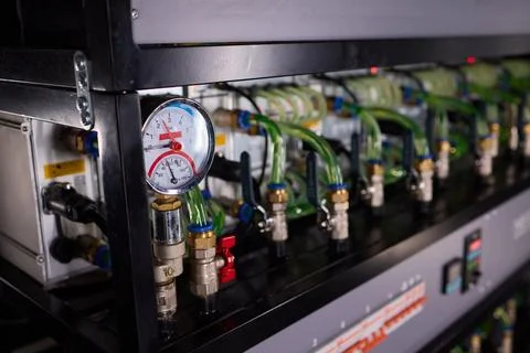 Close-up view of modern server hardware with liquid cooling pipes ensuring op Stock Photos