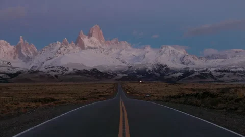 Close view of monte fitz roy and the road to el chalten at dawn Stock Footage 280377765