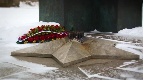Close view of the monument of the eternal flame on the background of red flowers Stock Footage 136705493