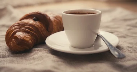Close up view of morning breakfast, lunch. Rotation view of served cup of coffee Stock Footage 101886016