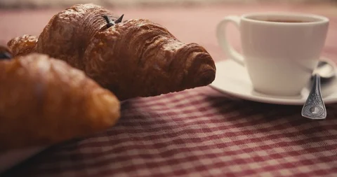 Close up view of morning breakfast, lunch. Rotation view of served cup of coffee Stock Footage 101886028