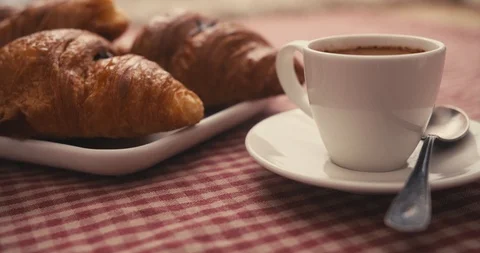 Close up view of morning breakfast, lunch. Rotation view of served cup of coffee Stock Footage 101886033