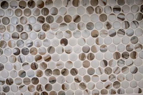Close-up view of a mosaic tile pattern in neutral tones.  The circular tile.. Foto stock