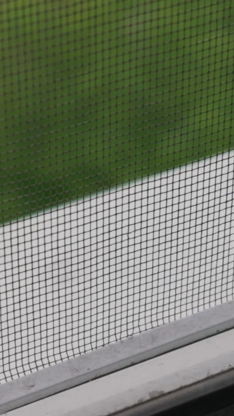 Close Up View of Mosquito Screen Mesh on Window with Green Garden Background Stock Footage 334736176