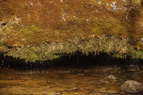Close-up view of moss-covered rock formation above a clear stream with wate.. Fotos de archivo