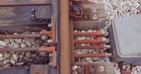 Close-up view of a motorized switch on railway track switches Stock-Footage 264774994
