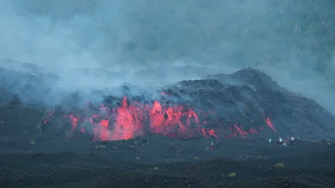 Close-up view of Mount Etna lava flow entering Valle del Bove, Sicily Video stock 342230291