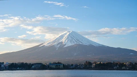 Close up view of Mount Fuji with Lake Kawaguchiko in Japan Stock Footage 123746031