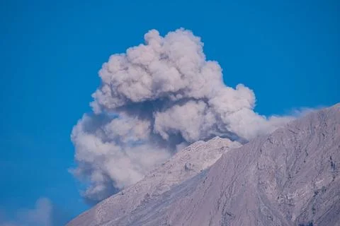 Close up view of Mount Semeru's summit spewing smoke and volcanic ash Stock Photos