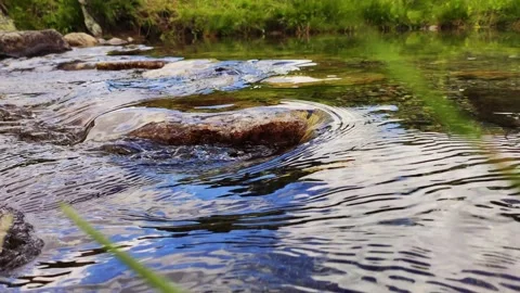 Close-up view mountain stream with stones and sky reflections Stock Footage 136189211
