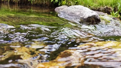 Close-up view mountain stream with stones and sky reflections Stock Footage 136191892