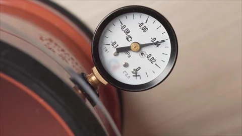 Close up view of the moving arrow of the vacuum gauge. Stock Footage 153548199