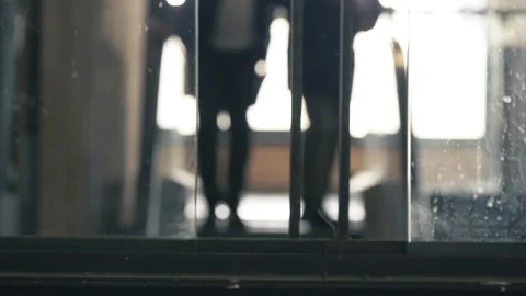 Close up view of moving escalator with people standing Stock Footage 95655078