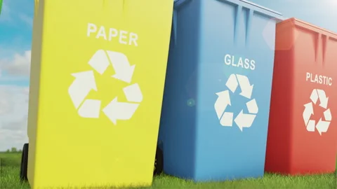Close-up view to multi colored trash cans on the grass and against green field Stock Footage 258291561