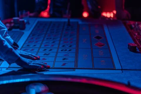 Close-up view of a multi-line video slot in a casino, predominantly blue and  Stock Photos