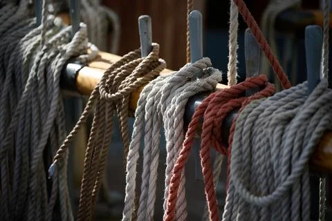 Close up view of nautical ropes wrapped around wooden belaying pins on a ship Fotos de archivo