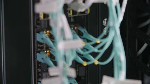 Close-up view of network cables and interfaces in a data center Stock Footage 278518489