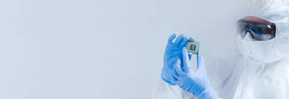 Close-up view on a new semiconductor microchip in gloved hand of computer Foto stock
