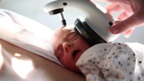 Close up view of a newborn baby having his hearing screening test in the Video stock 191082437