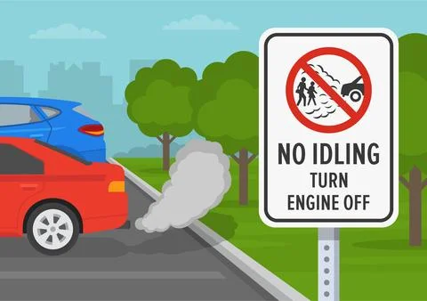 Close-up view of a "No idling, turn engine off" road or traffic sign. Idle-free Stock Illustration