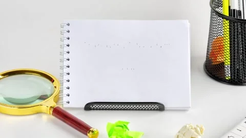 A close-up view of a notepad on a white desk shows the words FINANCIAL FREEDOM Stock Footage 327588117