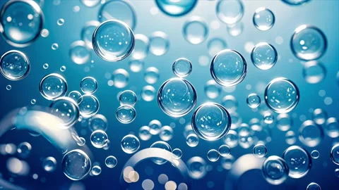 Close-up view of numerous transparent bubbles suspended blue liquid background Stock Footage 304759648