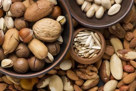 Close up view nuts concept arrangement 1. High quality photo Stock Photos