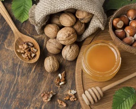 Close up view nuts concept arrangement. High quality photo Stock Photos