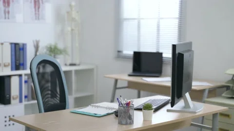 Close up view office desk with a desktop Stock Footage 148767480
