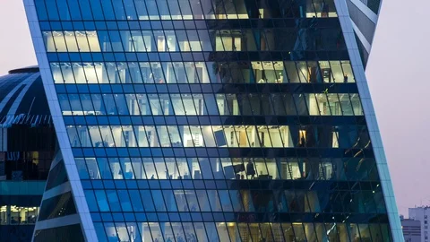 Close up view to office windows in Skyscrapers Moscow-City Stock Footage 95780464