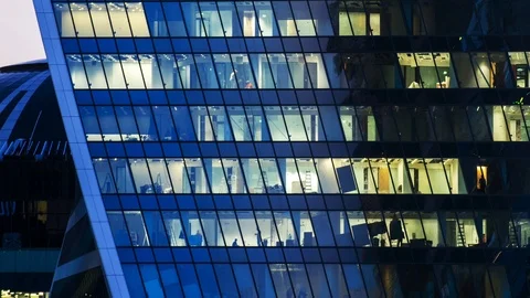 Close up view to office windows in Skyscrapers Moscow-City Stock Footage 95780512